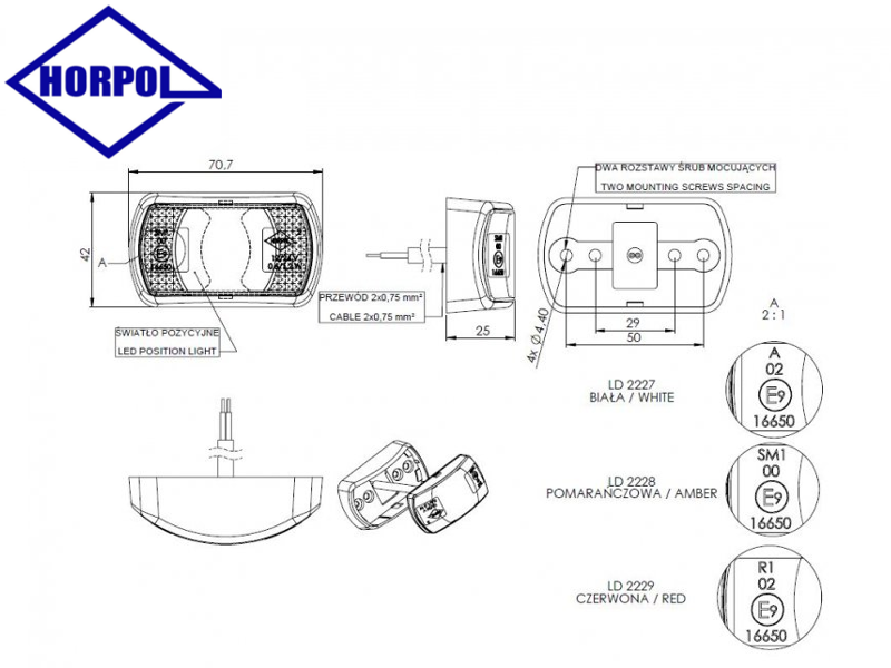 LED breddmarkeringsljus 71x42mm, rött sken - Bilupplysningen